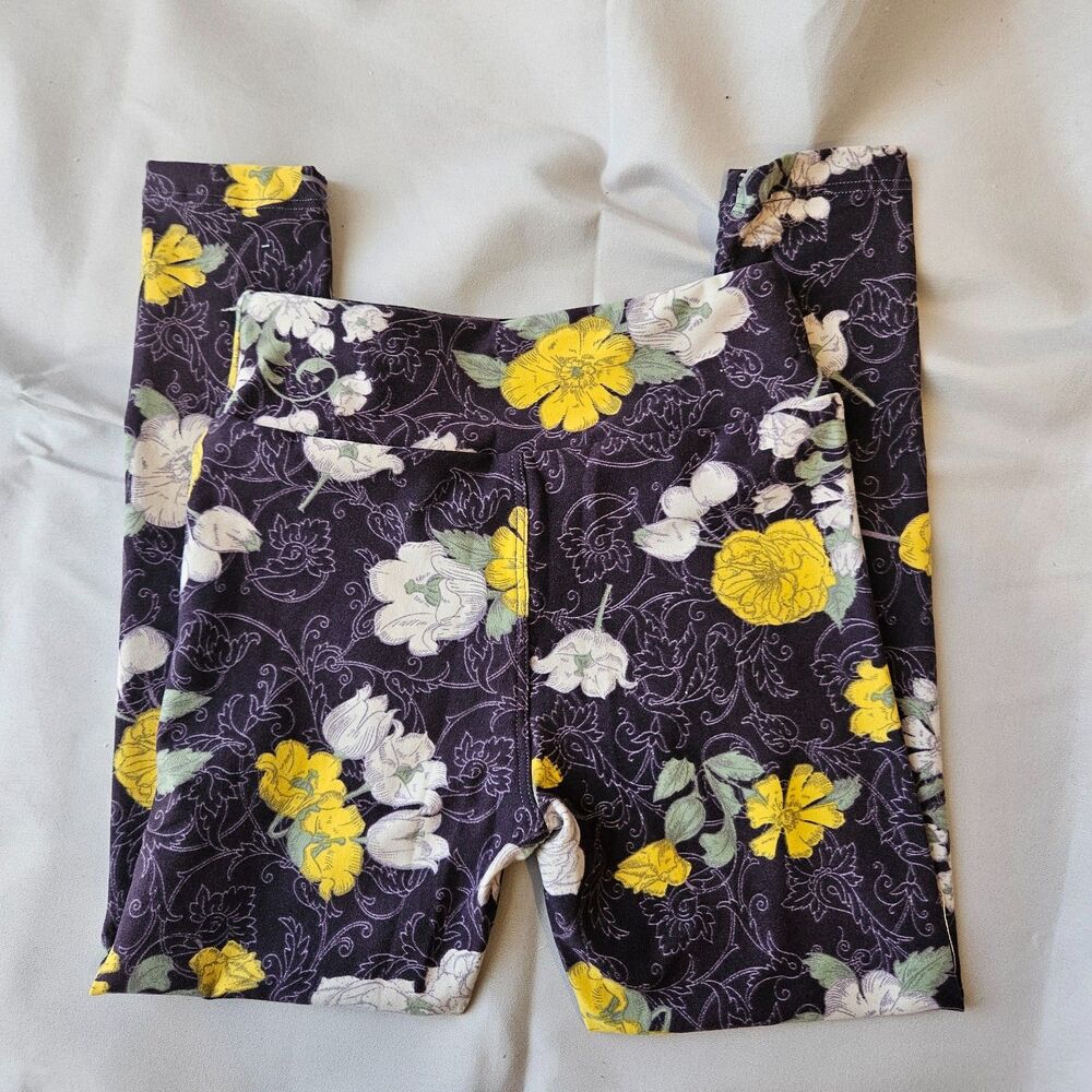LuLaRoe Kids Dark Moody Yellow/White Floral Leggings Size S/M 3T-4T